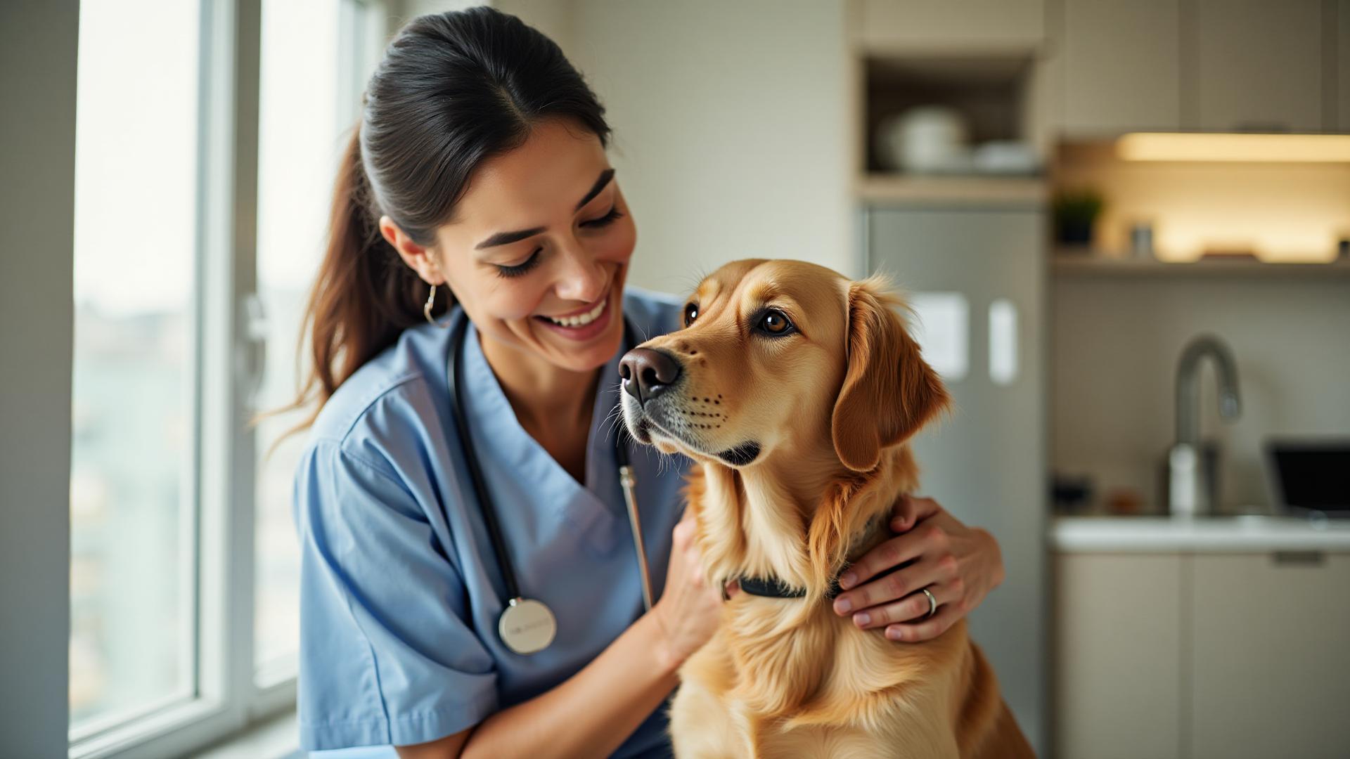 Veterinaria con perro en clínica
