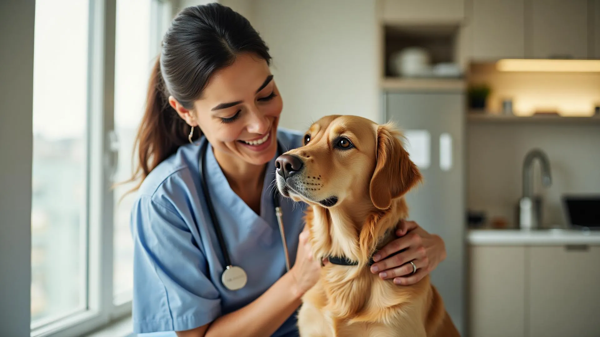 Veterinaria con perro en clínica
